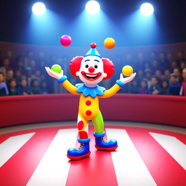 A cheerful clown wearing a bright, multicolored outfit with oversized shoes. The clown is juggling several colorful balls, each one a different vibrant hue. The scene is set in a circus ring surrounded by a cheering audience. Bright spotlights illuminate the clown as they perform, adding to the lively atmosphere. The ground of the circus ring is covered in a red and white striped pattern.