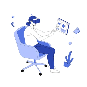 A person is sitting in a modern chair, wearing a virtual reality headset. Their hands are extended in front of them, interacting with virtual elements that appear just beyond their reach. The individual shows a focused expression, deeply engaged in the immersive test simulation. Surrounding them, there are subtle indications of a high-tech environment, including abstract floating shapes and digital interfaces that suggest various scenarios. The scene conveys a sense of advanced technology and immersive experience.