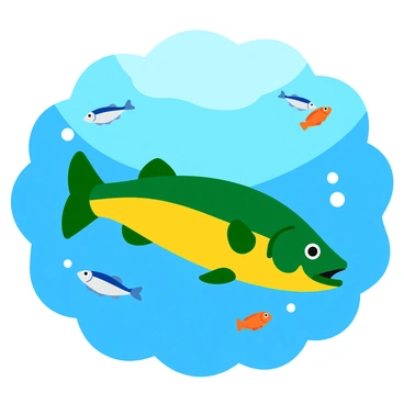 A colorful pike fish with elongated body and sharp fins is swimming gracefully through clear blue water. Its scales shimmer in shades of green and yellow, while its mouth is open showing sharp teeth. Surrounding the pike, a lively school of smaller fish darts around, displaying various colors like orange, blue, and silver. The smaller fish are streamlined and agile, creating a dynamic contrast with the pike. Sunlight filters through the water, creating enchanting light patterns that dance across the ocean floor.