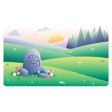 A vast, mystical landscape stretches across the scene, featuring rolling hills covered in lush green grass. In the foreground, a large stone with intricate "Celtic symbols" carved into its surface stands prominently. Surrounding the stone are clusters of wildflowers in various colors, creating a vibrant contrast against the greenery. In the background, an ancient, mist-covered forest looms, with tall trees whose branches intertwine, suggesting an air of mystery. Above, the sky is painted with soft hues of purple and gold as the sun sets on the horizon, casting a warm glow over the entire landscape. A gentle breeze rustles through the grass, adding life to the serene environment.