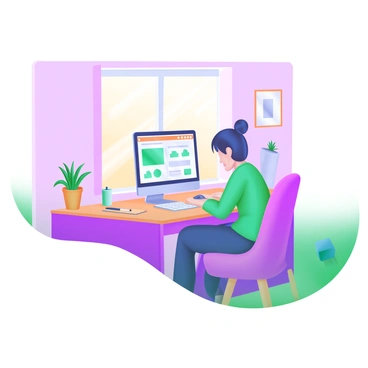 A cozy home office setup featuring a wooden desk positioned against a softly colored wall. On the desk, there is a sleek computer with a bright screen displaying various applications. A comfortable chair is tucked under the desk, and a few decorative plants are placed around, adding greenery to the space. A notepad and a pen are neatly arranged beside the computer. In the background, a window allows natural light to filter in, casting a warm glow over the scene. A freelancer, focused on their work, is seated at the desk, typing thoughtfully.