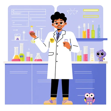 A cartoon-style image of "Vadivelu," a character with a whimsical expression and exaggerated features, wearing a white lab coat. He is standing at a sleek, futuristic lab bench, which is filled with colorful test tubes and high-tech equipment. "Vadivelu" is holding a glowing flask in one hand and a pair of goggles in the other. The lab is illuminated with bright LED lights, and there are holographic displays showing various scientific data in the background. A small robot assistant with cartoonish eyes is perched on the counter, observing the experiments.