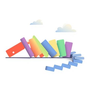 A long chain of colorful dominoes is arranged in a winding pattern across a plain surface. The dominoes are in various bright colors, including red, blue, green, yellow, and purple. Each domino stands upright and is closely spaced, ready for the impending chain reaction. The atmosphere is filled with anticipation, as the first domino at one end is slightly tilted, indicating the moment about to unfold. There are no other distractions in the background, allowing the focus to remain entirely on the vibrant chain of dominoes.