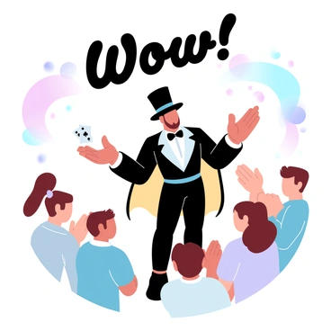 A magician wearing a classic black top hat and a colorful cape is standing in front of a group of children. The magician is holding a deck of playing cards in one hand, while the other hand is gesturing in an animated manner. The children, with varying hairstyles and clothing, are gathered around, looking with fascination at the magician's hands. One child in the front is clapping their hands in excitement. Brightly colored balloons are floating in the background, adding a festive atmosphere to the scene. "Wow!" is written in a big, bold font above the group, reflecting their amazement.