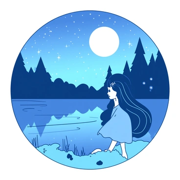 A girl with long, flowing hair is standing by a tranquil lake. The girl is wearing a blue dress that gently sways in the breeze. The lake's surface reflects the large, luminous moon and countless sparkling stars above. Surrounding the lake are lush green trees, and there is a soft glow from fireflies flitting about. The scene captures a quiet moment filled with natural beauty.