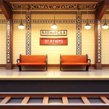 A beautifully preserved historic metro station with vintage decor. The walls are adorned with intricate tile work featuring floral patterns. Antique light fixtures hang from the ceiling, casting a warm glow over the platform. Vintage signage displays the station name and direction in elegant fonts. Old-fashioned benches line the waiting area, made of polished wood and metal. The train tracks are gleaming, reflecting the soft light throughout the station.