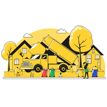 A large recycling truck with distinct compartments for different types of materials is parked on a tree-lined suburban street. The truck's back is lifted, and various bins are being emptied into the truck's storage area. Neatly lined along the curb are colorful recycling bins filled with paper, plastic, and glass. Surrounding the scene are well-kept houses with manicured lawns and flower beds. In the background, a couple of children are playing with a ball while a dog watches from a distance. The sky is clear with a few clouds visible above.
