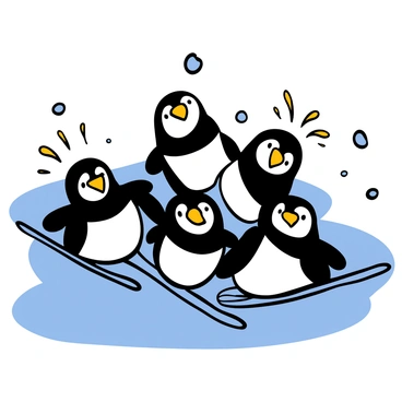 A group of playful penguins made from black and white balloons are sliding on an ice rink. The penguins have round, balloon bodies with shiny surfaces, creating a fun and festive atmosphere. They are positioned at various angles, some tilted as if they are mid-slide, while others are balanced upright. The ice rink glistens under bright lights, reflecting the vibrant colors of the balloon penguins. The background features a soft blue hue, resembling the cold environment of the Arctic. A few snowflakes can be seen gently falling around the scene, adding to the whimsical winter wonderland setting.