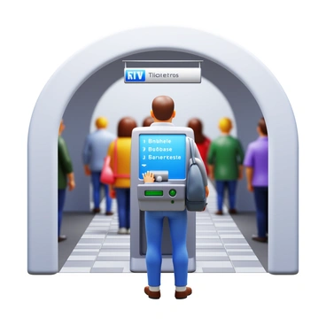 A person standing in front of a ticket machine at a subway entrance. The ticket machine is designed with a bright touchscreen display, showing options for purchasing tickets. The person is actively touching the screen, wearing a casual jacket and carrying a backpack. In the background, the subway entrance features a wide archway with a sign indicating the subway line. There are also other commuters waiting nearby, creating a bustling atmosphere. The floor is tiled with gray and white patterns, typical of subway stations.