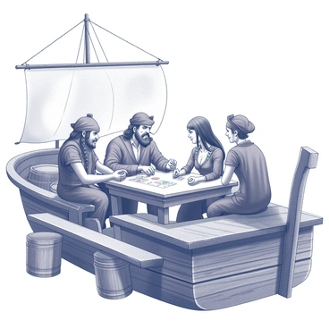 A pirate ship with wooden planks forming the deck, which is weathered and worn from the sea. On the deck, a group of several pirates is gathered around a small, intricately carved table. The crew consists of diverse figures, including a burly man with a braided beard, a lean woman with an eye patch, and a tall man wearing a tricorn hat. They are intensely focused on their card game, leaning in close together. Cards are spread out on the table, showing a variety of suits. The atmosphere is lively, with expressions of excitement and concentration on their faces. In the background, the ship's sails billow above, and there are barrels and ropes scattered around, adding to the nautical setting.