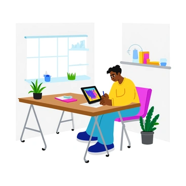 An artist sits at a sleek, modern desk in a minimalist studio. The artist is focused on a digital tablet, using a stylus to create vibrant artwork. The tablet displays vivid colors and intricate designs. The studio has white walls, with a few simple shelves holding art supplies and a potted plant in the corner. A comfortable chair accompanies the desk, providing a supportive place for the artist to work. Natural light streams in through a large window, illuminating the creative space.