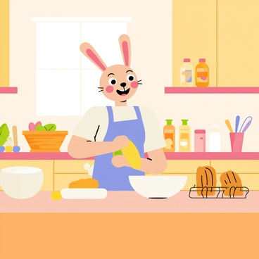 A rabbit girl with long ears and a fluffy tail is standing at a wooden kitchen counter, wearing a light blue apron. She has a cheerful expression as she kneads a ball of dough. The kitchen is filled with warm colors, featuring wooden cabinets and shelves lined with jars of ingredients. A small window lets in soft, natural light, illuminating a basket of fresh vegetables on the table. Various baking tools, such as rolling pins and measuring cups, are scattered around her. A loaf of bread is rising in a bowl nearby, and a fresh batch of bread sits cooling on a wire rack.