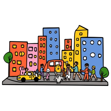 A bustling city street where buildings, cars, and pedestrians are all made of colorful dominoes. The street is lined with tall domino skyscrapers in red, blue, and yellow, creating a vibrant skyline. Small groups of domino people with different colors and patterns are walking along the sidewalks. A domino car is parked at the side of the road, and a domino dog is sitting beside a domino person. The scene is lively, with some domino characters engaged in conversation and others going about their day, capturing the energy of a busy urban environment.