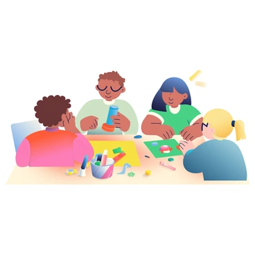 A group of four children is gathered around a wooden table, focused on a craft project. One child with curly brown hair is holding a bright blue glue stick, carefully applying it to a piece of yellow construction paper. Next to them, a child with straight black hair is selecting a red glue stick from a container filled with various colors. A girl with glasses is cutting out shapes from a green sheet of paper with safety scissors. The last child, with blonde hair tied in pigtails, is sticking colorful paper decorations onto a completed project. The table is scattered with various craft supplies, including scissors, markers, and small bits of paper.