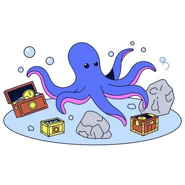 An octopus with vibrant blue and purple tentacles is exploring the ocean floor. The octopus is positioned in the center of the image, with its arms gracefully extended as it moves. Surrounding the octopus are several large, textured rocks with shades of gray and brown. Scattered around the rocks are a few treasure chests, some open and revealing gold coins and sparkling jewels, while others are closed, featuring intricate designs. Soft bubbles rise from the ocean floor, adding a sense of motion to the scene.