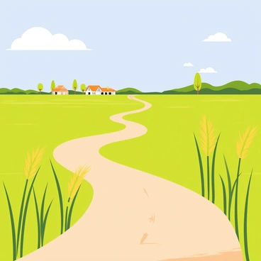 A scenic dirt path winding through lush green paddy fields, with bright yellow rice plants swaying gently in the breeze. The pathway is framed by vibrant green stalks on both sides, and in the distance, a small village with traditional thatched-roof houses can be seen. A clear blue sky overhead enhances the idyllic atmosphere, while a few fluffy white clouds drift lazily. The scene captures the peacefulness of rural life.