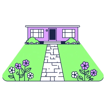 A well-kept yard is depicted with a neatly trimmed expanse of grass. Along the edges of the yard, there are vibrant flowers in various shapes and sizes, showcasing their full blossoms. A clean, well-defined path made of stones leads directly to the front door of the house. The path is flanked by carefully arranged flower beds, enhancing the walkway's appeal. In the background, the house can be seen, featuring a symmetrical design with windows and a welcoming front porch.