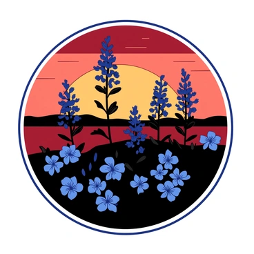 Silhouettes of bluebonnets are positioned prominently in the foreground. The bluebonnets are stark black, creating a strong contrast against the vibrant sunset background. The sunset features rich hues of orange and red blending seamlessly, with the sky gradually transitioning into darker tones near the horizon. The bluebonnets stand tall and proud, with their distinct shape and blossoms clearly outlined against the colorful sky.