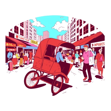 A red rickshaw is navigating through a busy street filled with people. The rickshaw features a vibrant design with intricate patterns adorning its sides. Surrounding the rickshaw, there are various shops with colorful signs, and pedestrians are walking closely together, some carrying bags. In the background, tall buildings rise up, and the sky is dotted with fluffy clouds. Street vendors are selling goods, adding a lively atmosphere to the scene. The overall composition captures the energy of a bustling city.