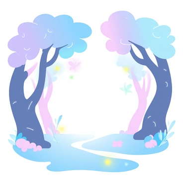 A magical forest filled with trees in various colors, including vibrant purples, deep blues, and bright pinks. The trunks of the trees are thick and twisted, while their leaves shimmer in gradient pastel shades. Glowing plants with luminous blossoms dot the forest floor, emitting soft light in hues of green and yellow. Whimsical creatures, such as small fairies with delicate wings and playful sprites, flit among the branches. A gentle mist weaves through the trees, adding an ethereal quality to the scene.