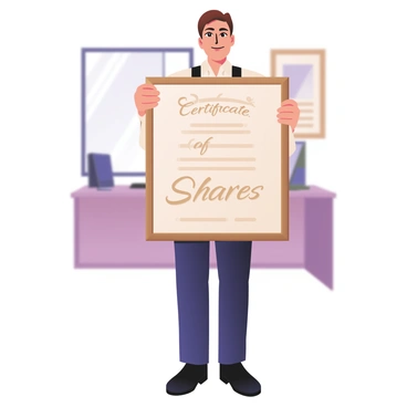 A person standing upright, holding a framed certificate of shares in a large company. The person has light skin and short brown hair, wearing a white dress shirt and navy blue trousers. The certificate is prominently displayed, showing elegant calligraphy that reads "Certificate of Shares" in gold lettering. The frame is ornate with a wooden finish, and there are reflections on the glass. In the background, there is a blurred office setting with a desk and a window, creating a professional atmosphere. The person's expression is one of pride and accomplishment.