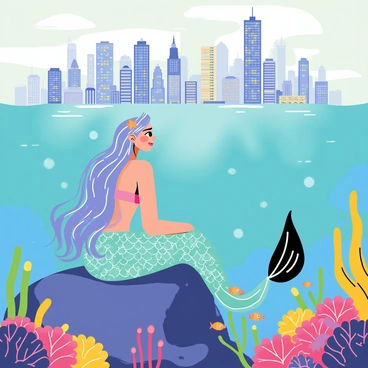 A mermaid with shimmering turquoise scales and flowing long hair sits gracefully on a rock. She gazes at a distant city skyline that rises above the water's surface, with tall buildings and a vibrant array of lights lit up against the evening sky. Colorful coral and schools of fish surround her underwater perch, adding life to the scene. The sunlight filters through the water, creating a dappled effect on the mermaid and the rock she rests on.