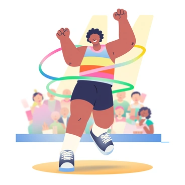 A performer with light brown skin and curly black hair is skillfully spinning a colorful hula hoop around their waist. The performer is wearing a vibrant, multicolored tank top and black shorts. Their arms are raised, showcasing the dynamic movement, while their feet are planted firmly on a wooden stage. Bright stage lights illuminate the performer, creating a lively atmosphere. In the background, a cheering audience is softly blurred to keep the focus on the performance.