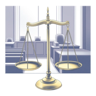 A pair of golden scales balanced perfectly in the middle of a serene courtroom