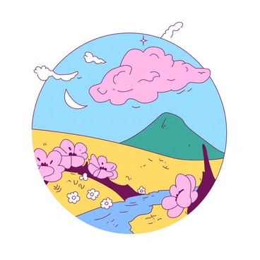 A pink cloud drifts through a blue sky filled with soft, swirling forms. Below, a yellow meadow is covered in oversized flowers, their petals gently overlapping. In the distance, a teal mountain rises, softly playing with the light. Floating above the meadow are whimsical elements, such as a white crescent moon and sparkling stars, merging with the landscape. A gentle stream weaves through the scene, its water reflecting the pastel colors around.