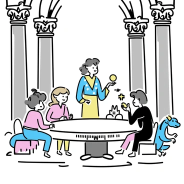 A magical explorer, wearing a robe adorned with shimmering stars, stands at the center of a grand, ancient hall. Massive stone columns stretch towards a high ceiling, decorated with intricate carvings of mythical creatures. Around a large circular table made of dark wood, various mystical beings are seated, including a tall elf with pointed ears and a dragon-like figure with shimmering scales. Soft, ethereal light illuminates the space, casting gentle shadows on the ornate floor. The explorer holds a glowing orb in one hand, engaging in conversation as other beings listen intently, their expressions focused and curious.