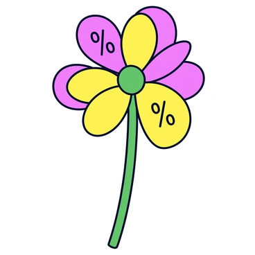 A flower with vibrant petals in various shades of pink and yellow. Each petal is adorned with a clear and bold percentage symbol, indicating different ROI percentages in black text. The flower's center is a deep green, contrasting with the colorful petals. The stem is slender and green, standing upright against a simple, light-colored background.