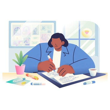 An artist with medium skin and shoulder-length black hair is sitting at a wooden table, surrounded by several sketches displayed in front of them. They are wearing a blue denim jacket over a white t-shirt. The artist is focused on a sketch, holding a red marker in their right hand and a notepad filled with handwritten notes in their left hand. Various colored markers are scattered across the table, along with a coffee cup and a small potted plant. Sunlight streams in from a nearby window, casting soft shadows on the sketches.