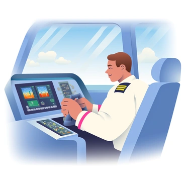 A pilot with light skin and short brown hair is seated in the cockpit of an airplane. He is wearing a crisp white shirt with epaulets and has a focused expression on his face as he grips the controls. The cockpit is filled with various instruments and a large touchscreen display. Through the front window, clear blue skies stretch endlessly, with a few fluffy white clouds scattered. The sunlight is streaming in, casting soft shadows inside the cockpit. The pilot's hands are steady on the yoke, and his eyes are intently trained on the dashboard instruments.