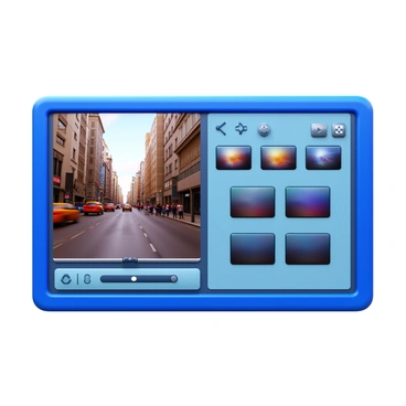 A split-screen showing a video clip on the left side, featuring vibrant, dynamic footage of a bustling city street with people and cars in motion. On the right side, an editing software interface displayed with various tools and panels visible, including a timeline, video previews, and color correction options. The interface includes icons representing editing functions like trimming, cutting, and adding effects. The overall setup showcases the process of video editing in an organized manner.
