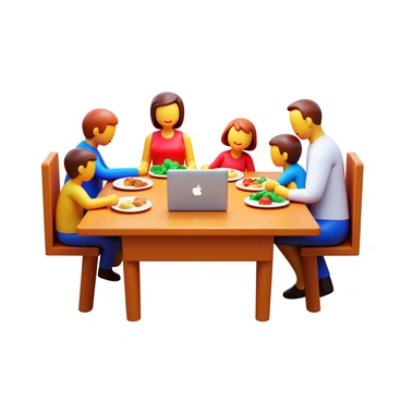 A family gathered around a wooden dining table, sharing a meal together. There are plates filled with food in front of each family member, showcasing a variety of colorful dishes. The family members, including two adults and two children, are smiling and engaged in conversation. A laptop is closed and placed on a nearby side table, adding a modern touch to the scene. The ambient lighting creates a warm atmosphere, enhancing the feeling of togetherness during the meal.