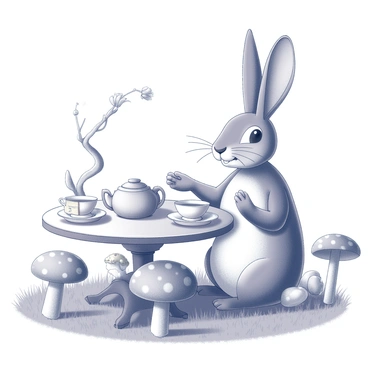 A March Hare is depicted sitting at a mismatched table adorned with teacups and saucers. The hare has large, expressive eyes and long, floppy ears, giving it an animated and whimsical appearance. The table features an assortment of snacks, including slices of cake and a tea pot in the center. The surrounding area is filled with oversized flowers and peculiar mushrooms, enhancing the fantastical atmosphere of the scene. A gentle breeze ruffles the grass beneath the table, creating a sense of movement. In the background, a tree with a twisted trunk can be seen, contributing to the surreal ambiance. The hare appears engaged in conversation, gesturing with its paws as if animatedly discussing the peculiarities of time and tea.