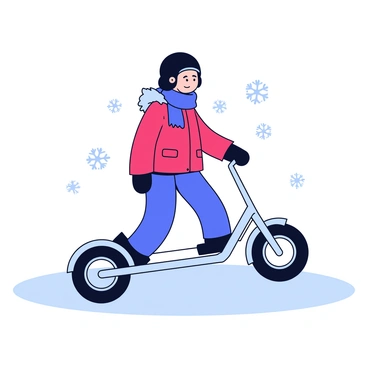 A rider on a scooter bike bundled up against the snowy winter weather