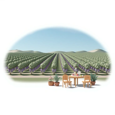 A vast vineyard stretching under a bright blue sky, with neatly arranged rows of lush green grapevines laden with plump purple grapes. The grapevines are supported by wooden trellises, creating a structured pattern throughout the landscape. In the foreground, there is a charming small wine tasting area featuring a rustic wooden table with several wine glasses filled with different types of wine. Surrounding the table are a few wooden chairs, and there are potted plants adding a touch of greenery nearby. In the background, rolling hills dotted with more vineyards create a picturesque scene.
