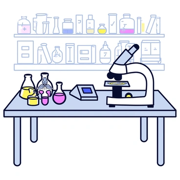 A scientific laboratory table made of stainless steel, covered with various pieces of equipment. There are glass beakers filled with colorful liquids, a set of pipettes, and a digital scale. At the center of the table, there is a microscope with a sleek design and a light shining onto a small glass slide. Under the microscope, there is a firefly, its translucent wings and intricate body details visible. The background is filled with shelves holding lab notebooks and additional scientific tools.