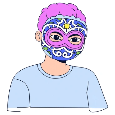 A person wearing a decorative mask that covers the entire face, revealing only their eyes. The mask is intricately designed with patterns and vibrant colors, incorporating elements like swirls and floral motifs. The eyes of the person are expressive and sharp, conveying a sense of mystery. The person is dressed in a simple outfit that complements the elaborate mask, creating a contrast that draws attention to their eyes. The background is plain to emphasize the figure and their captivating mask.
