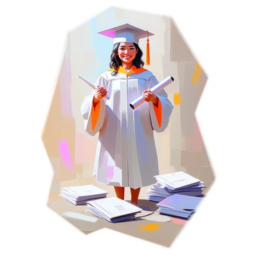 A proud student with dark hair wearing a traditional cap and gown stands confidently while holding a diploma in one hand. The student has a bright smile and is looking directly at the viewer. Surrounding the student are scattered student loan papers, some crumpled and others neatly stacked. The scene conveys a moment of achievement amidst the challenges of educational expenses.