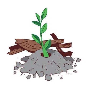 A green seedling is emerging from the gray ashes of a campfire, its delicate leaves unfurling towards the sky. The ashes are scattered around the base of the seedling, contrasting with the vibrant green of the plant. In the background, faint outlines of charred wood can be seen, remnants of the campfire. The scene captures a sense of growth and renewal, highlighting the seedling's resilience amid the remnants of the fire.