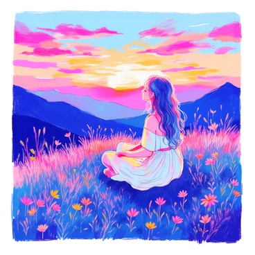 A woman with long flowing hair sits cross-legged on a grassy hill. She is wearing a loose-fitting white dress that drapes around her. Her eyes are closed, and her hands rest gently on her knees, palms facing upward. The sky is filled with rich hues of orange, pink, and purple as the sun sets on the horizon, casting a warm glow over the scene. In the background, silhouettes of distant mountains can be seen against the vibrant sky. A few scattered wildflowers bloom around her, adding color to the greenery of the hill.