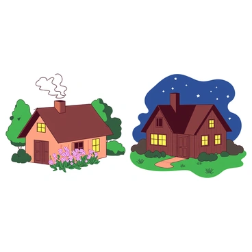 Two cozy cottages facing each other, one in daylight with smoke coming from the chimney and the other at night with glowing windows