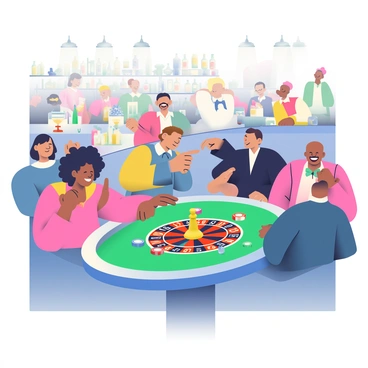 A bustling casino floor is filled with energy and excitement. In the center, a group of diverse players is gathered around a green felt roulette table. There are three men and two women, each displaying a range of emotions from anticipation to joy. One woman with curly hair is holding a stack of colorful chips, while a man in a black suit points eagerly at the spinning wheel. The roulette wheel is adorned with red and black numbers, glistening under bright overhead lights. Nearby, a bartender in a white shirt is preparing drinks behind a counter lined with premium liquor bottles. The sound of laughter and cheers fills the air as other patrons play various games in the background.
