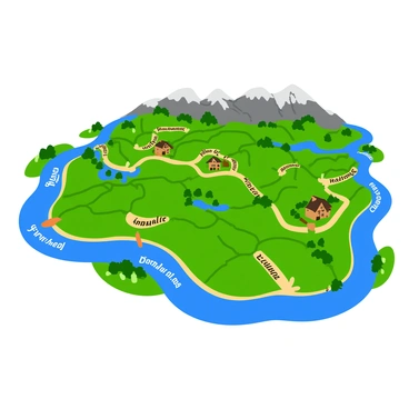 A hand-drawn map depicting an "ancient kingdom" filled with intricate topographical features. The map includes a large mountain range with "snow-capped peaks" towering in the background. In the foreground, there are "rolling hills" and "lush valleys" represented with wavy lines. A winding river flows through the landscape, with "sparkling blue water" noticeable throughout. Various "small villages" are marked, each depicted with tiny "houses" and "farming fields" surrounding them. The borders of the kingdom are outlined with "ornate decorative elements". Each area is labeled with "names of regions" in an elegant, stylized font.