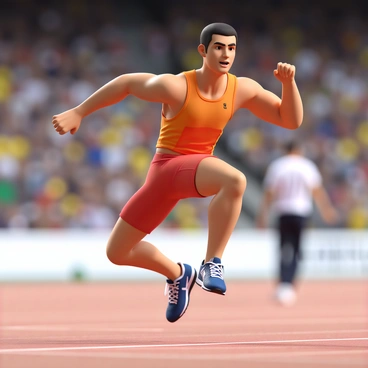 An athlete with a muscular build and short hair is in the midst of a sprint, captured in a dynamic pose. He is wearing a form-fitting athletic uniform in bright colors, which highlights his physique. His legs are poised to launch off the ground, with one foot elevated and positioned for takeoff. His arms are bent at the elbows, driving backward for momentum. The expression on his face shows intense concentration and determination as he prepares for the jump. The background features a blurred track and crowd, emphasizing the speed and energy of the competition.