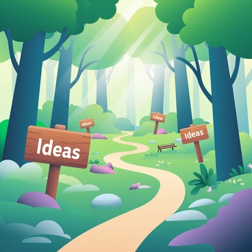 A dense green forest is filled with tall trees, their leaves forming a thick canopy overhead. Sunlight filters through the branches, creating patches of light on the forest floor. In the foreground, several winding paths lead through the underbrush, each path marked by a wooden sign with the word "Ideas" inscribed on it. The signs are placed at different intervals along the paths, indicating various clearing spots that reveal small open areas in the forest. Each clearing has unique features, such as flowering plants, rocks, and small benches, inviting exploration and contemplation. The atmosphere is vibrant and lush, embodying the essence of nature and creativity.
