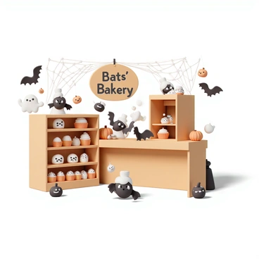A bakery interior, with wooden shelves and counters, run by several small bats wearing tiny aprons and chef hats. The bats are flitting around, some flying while others are perched on the counters. The bakery is filled with Halloween-themed pastries, including ghost-shaped cookies with white icing, orange pumpkin cupcakes with black sprinkles, and dark chocolate bat-shaped chocolates. Cobwebs are delicately draped across the corners, and small pumpkins are placed decoratively on the counters. A whimsical sign in the background reads "Bats' Bakery" in playful, spooky lettering.