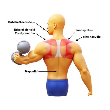 An animated diagram depicting the muscles used in a dumbbell lateral raise. The diagram highlights the "deltoid" muscles in the shoulders, particularly the "lateral deltoid," along with the "trapezius" muscles in the upper back. The "supraspinatus" muscle at the top of the shoulder is also marked. The diagram includes arrows indicating the movement path of the dumbbell and the areas of muscle activation during the exercise. Each muscle group is labeled clearly, and the dumbbell is shown in a side view to illustrate proper form.